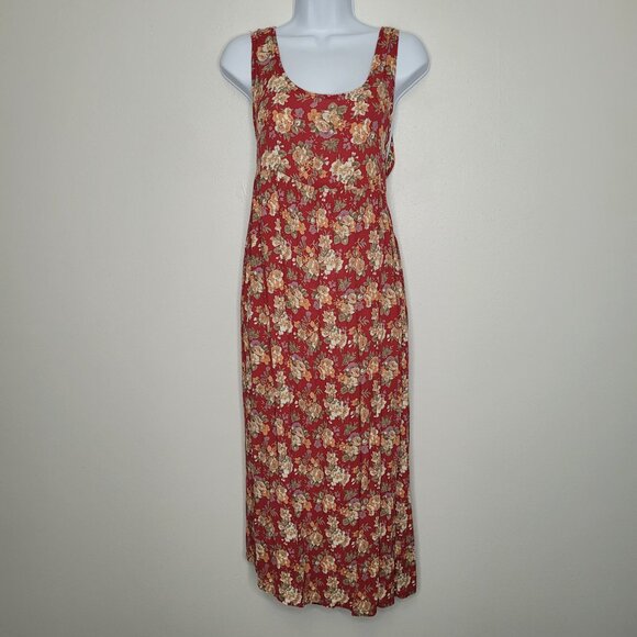 Vintage 90s red tan floral tie back maxi cottage timeless rustic dress size med - Picture 1 of 5
